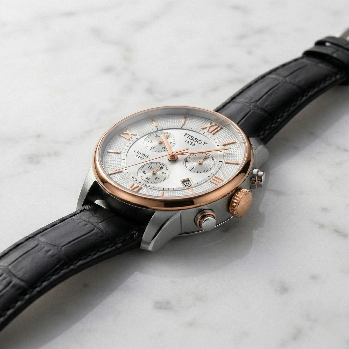 Tissot Chemin 1853 – Silver Dial Rose Gold Chronograph Black Leather