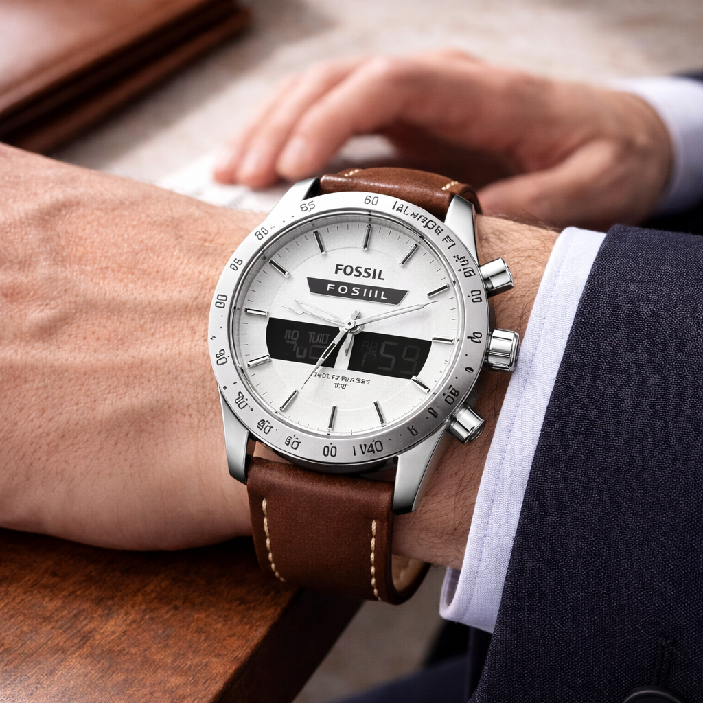 Fossil Hybrid Chronograph White Dial – Silver Case Brown Leather Strap