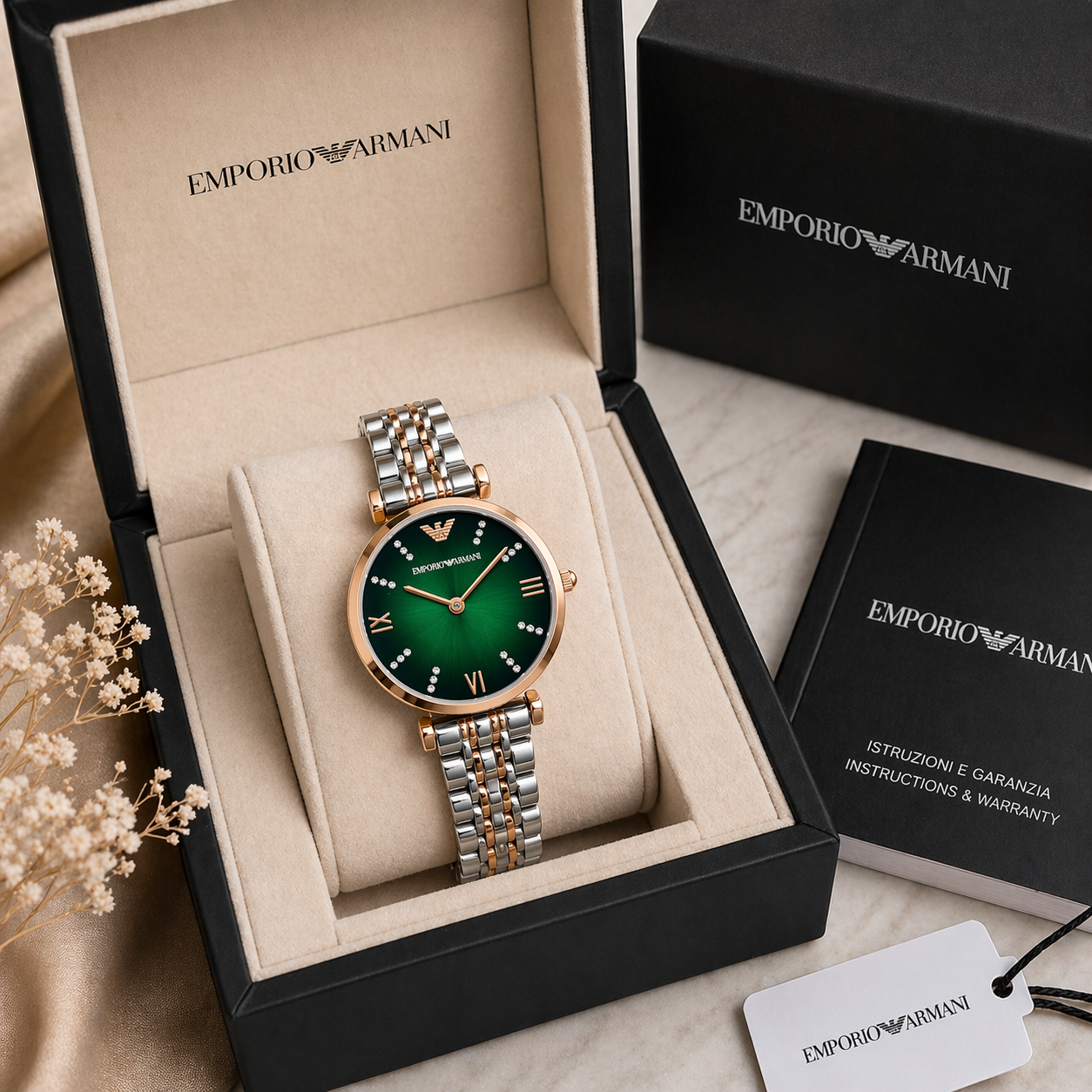 Emporio Armani Elegant Green Dial Rose Gold Case Dual-Tone Stainless Steel Watch