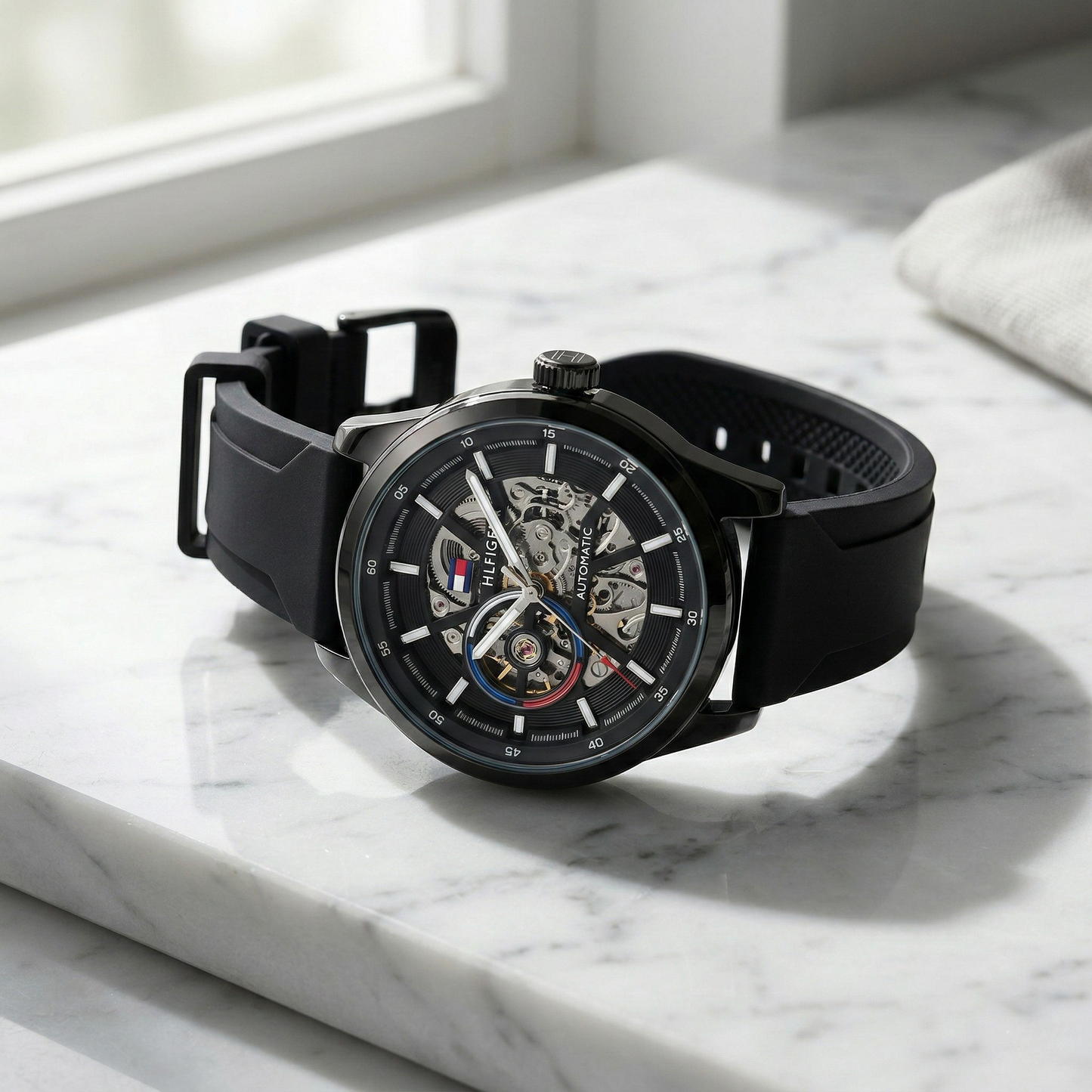 Tommy Hilfiger Automatic Skeleton Black Case Black Silicone Strap