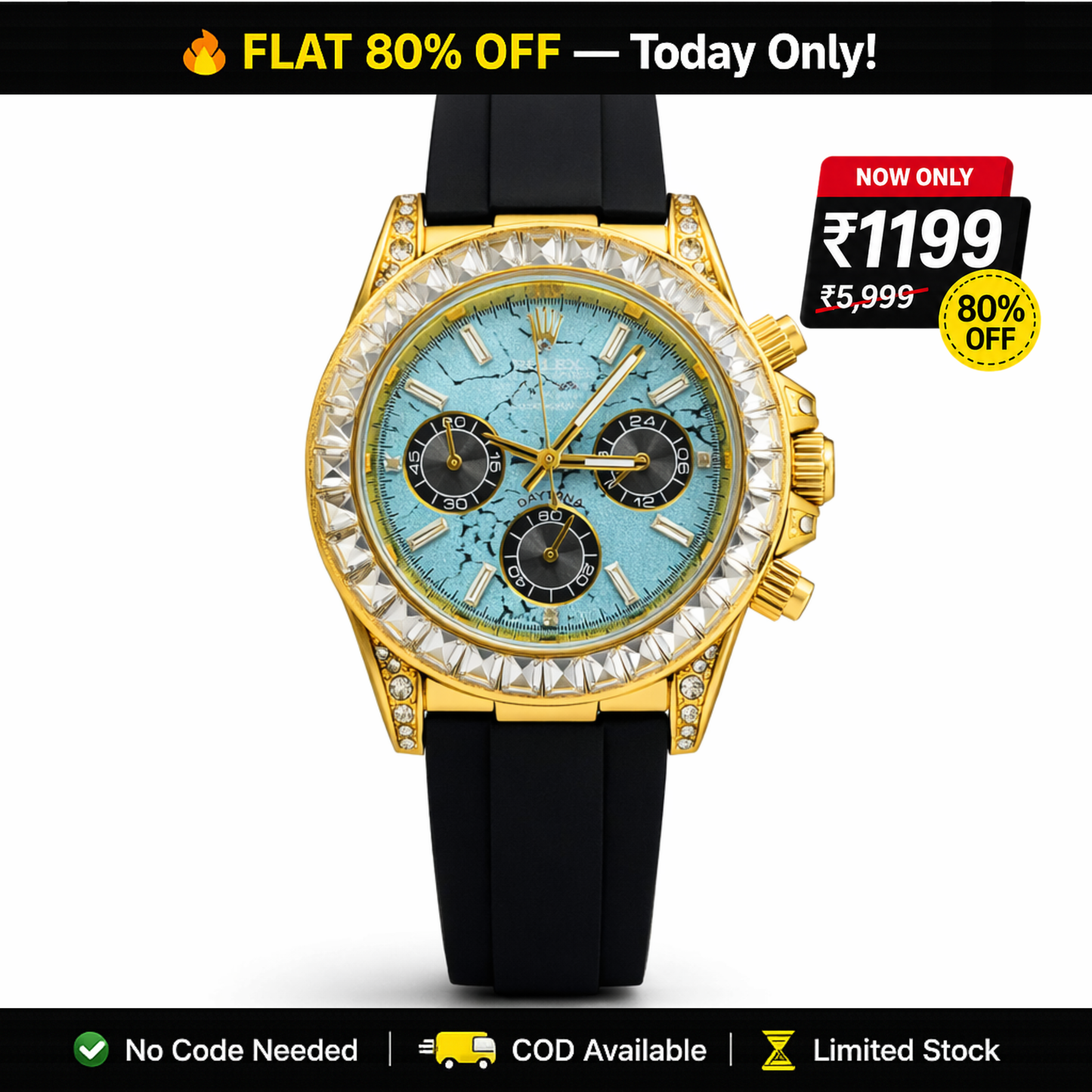 Aurum Chrono Ice Blue Gold Case Rubber Strap Watch