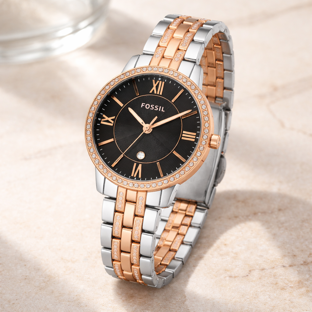 Fossil Crystal Bezel Black Dial Two-Tone Stainless Steel Bracelet