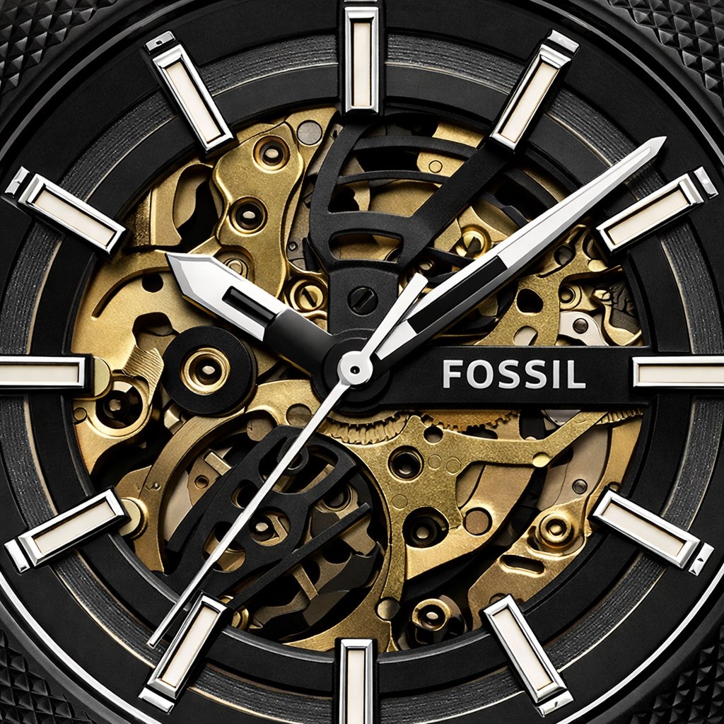 Fossil Automatic Skeleton Black Case Brown Leather Strap
