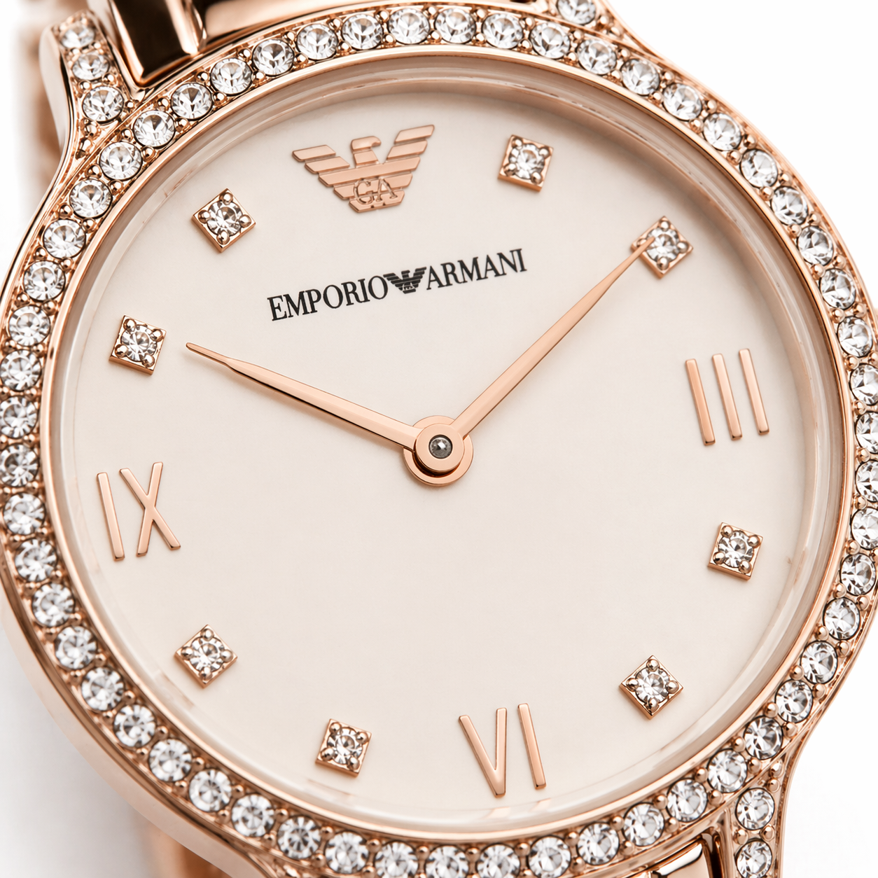 Emporio Armani Crystal Bezel Classic – Rose Gold Case Ivory Dial Stainless Steel Bracelet