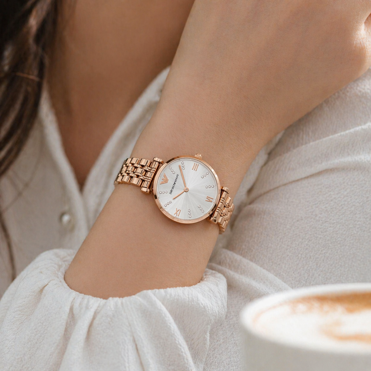 Emporio Armani Minimal Crystal Dial Watch – Rose Gold Case Stainless Steel Bracelet