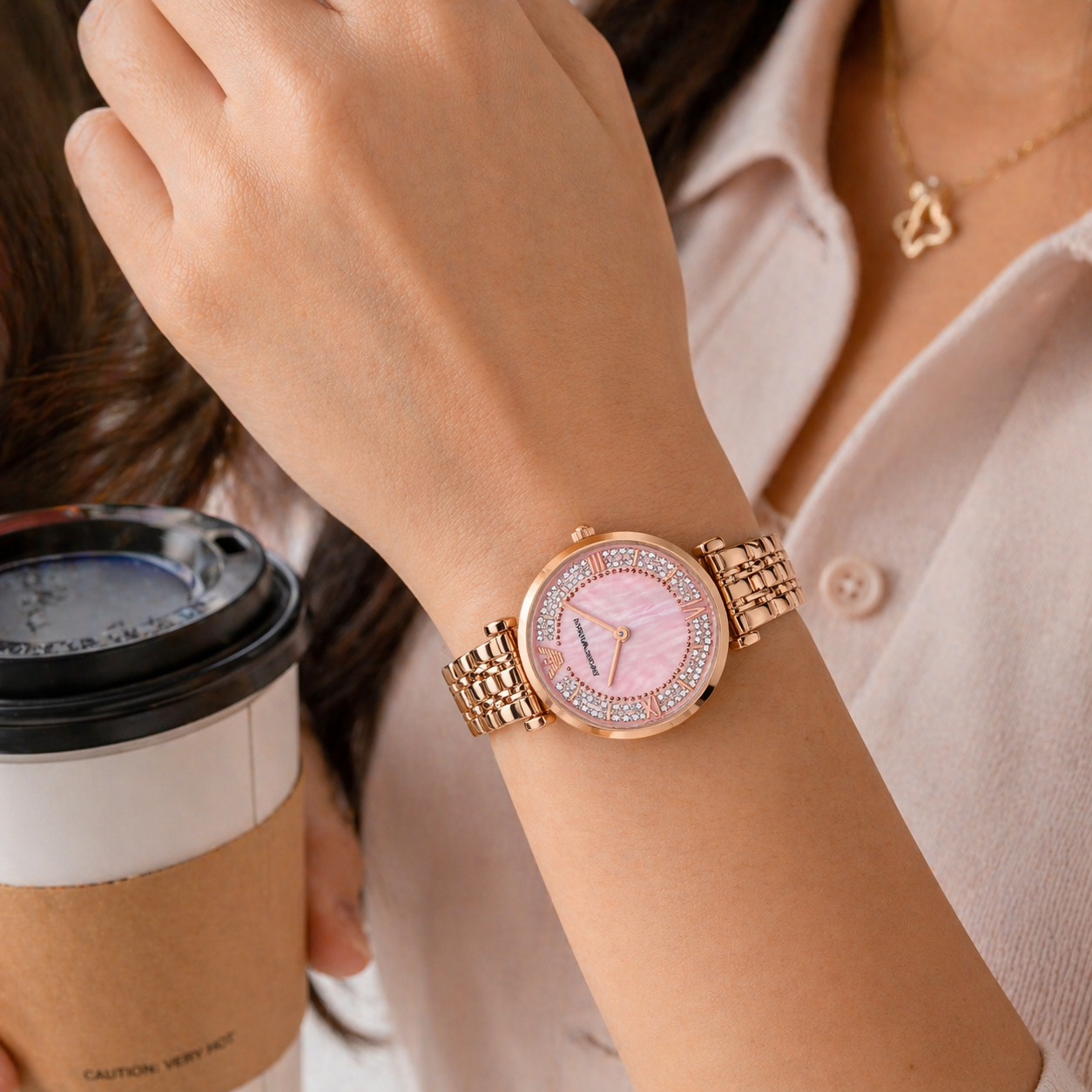 Emporio Armani Crystal Pink Dial Watch – Rose Gold Case Stainless Steel Bracelet