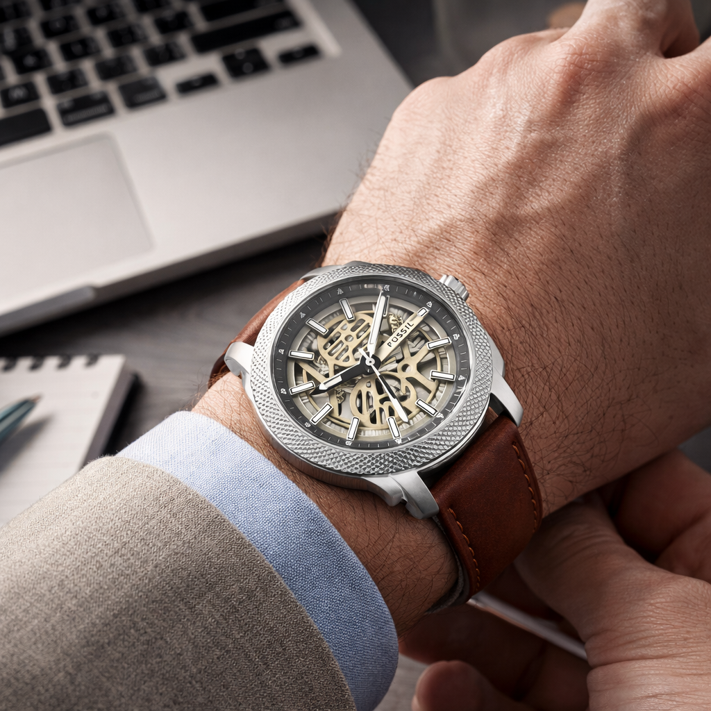 Fossil Automatic Skeleton Silver Case Brown Leather Strap