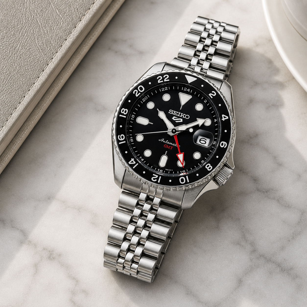 Seiko 5 GMT Automatic Stainless Steel Black Dial Jubilee Watch (Black Bezel)