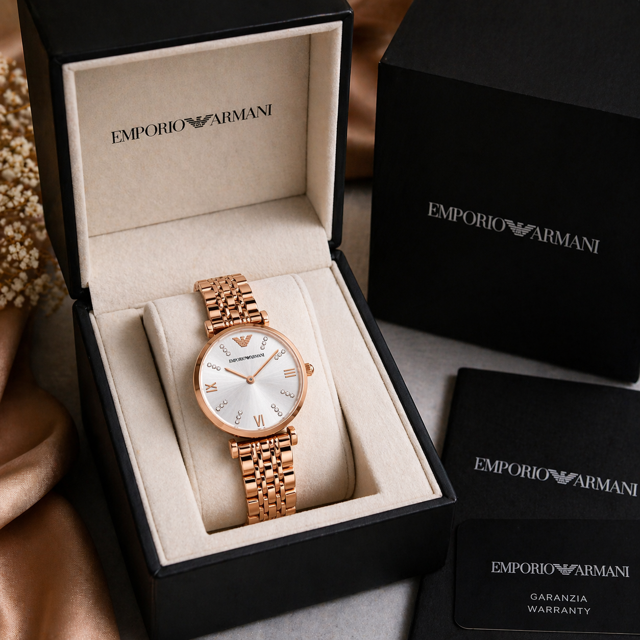 Emporio Armani Minimal Crystal Dial Watch – Rose Gold Case Stainless Steel Bracelet
