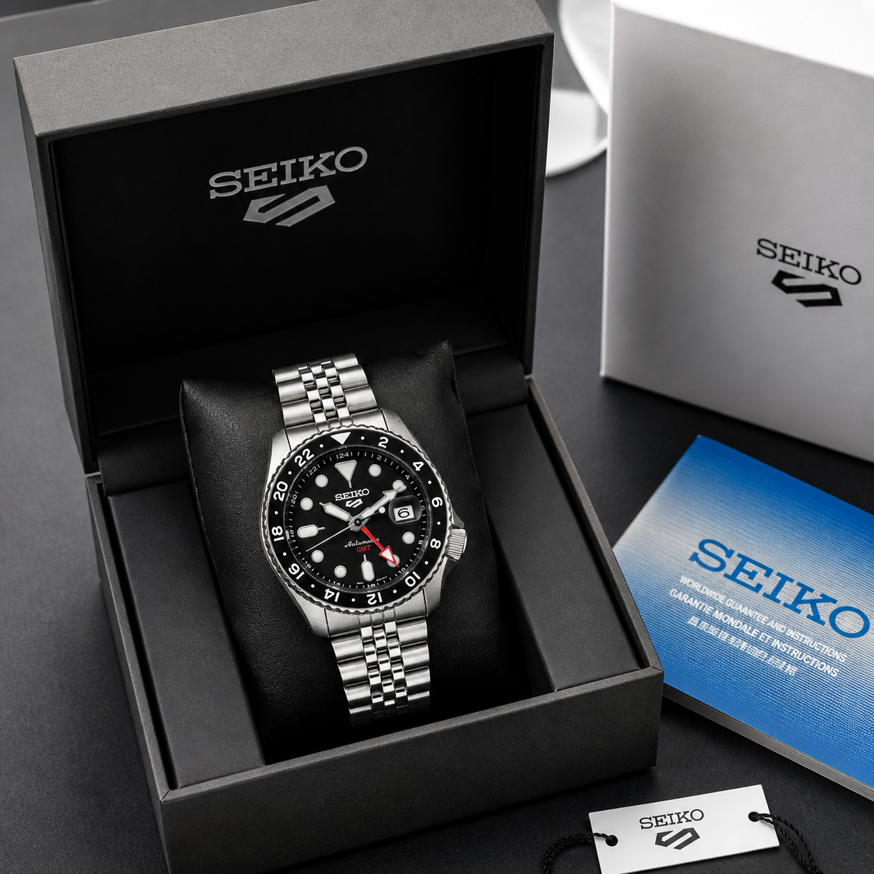 Seiko 5 GMT Automatic Stainless Steel Black Dial Jubilee Watch (Black Bezel)