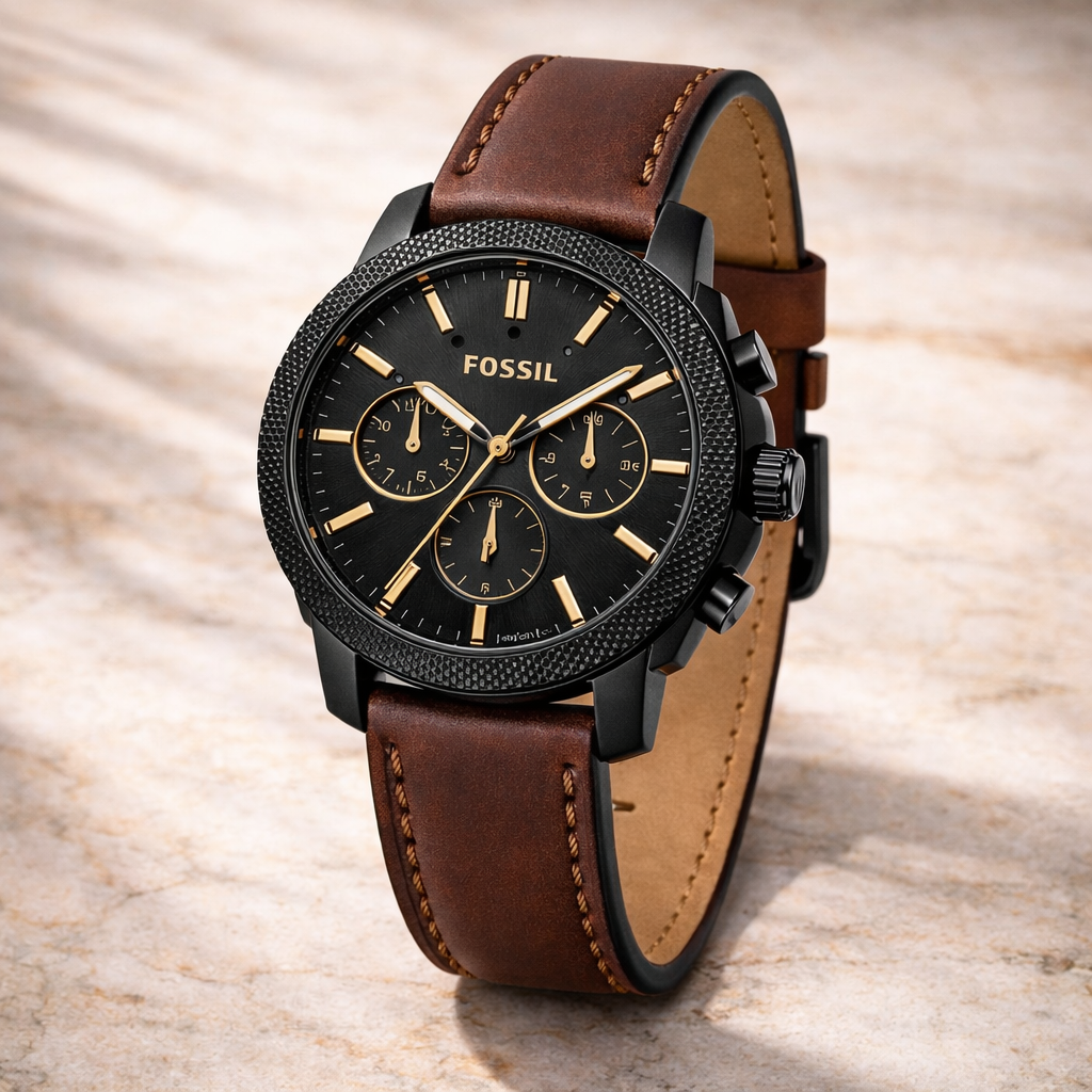 Fossil Chronograph Black Dial Black Case Brown Leather Strap