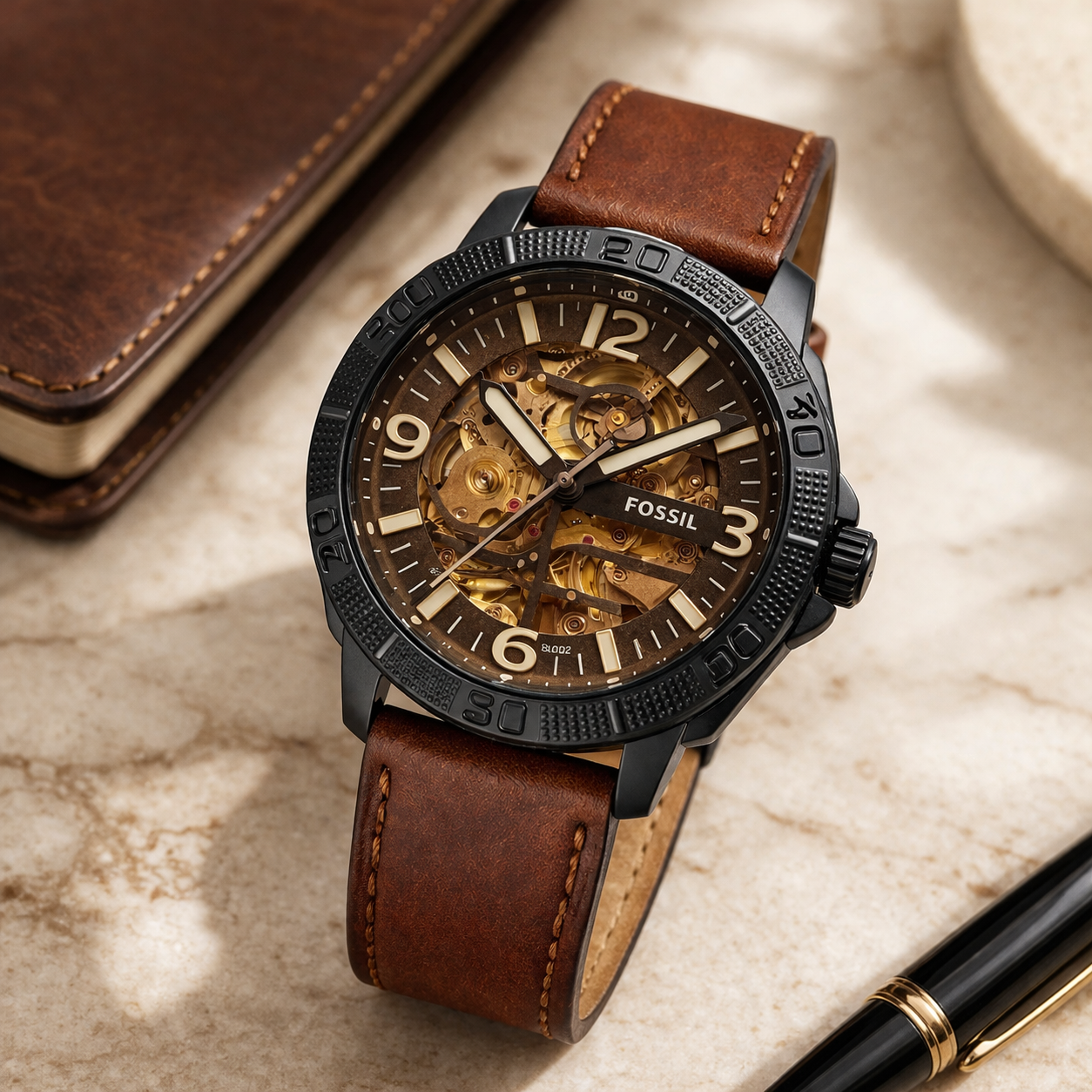 Fossil Automatic Skeleton Brown Dial Black Case Brown Leather Strap