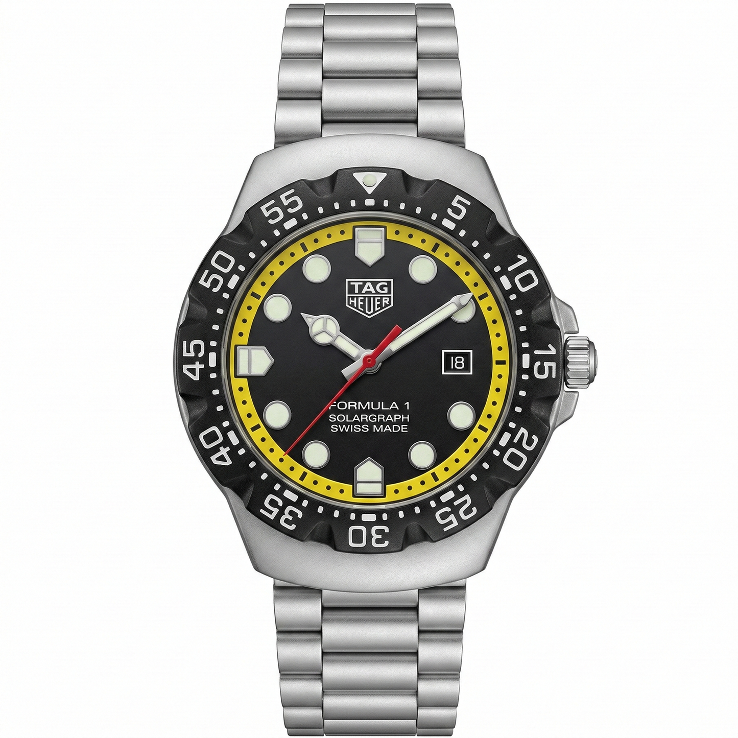 TAG Heuer Formula 1 Solargraph Black Dial Yellow Ring Stainless Steel Bracelet