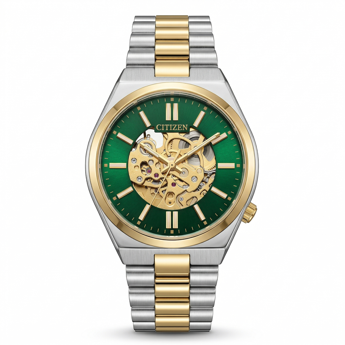 Citizen Automatic Skeleton Green Dial Gold-Tone Bezel Two-Tone Steel Bracelet Watch