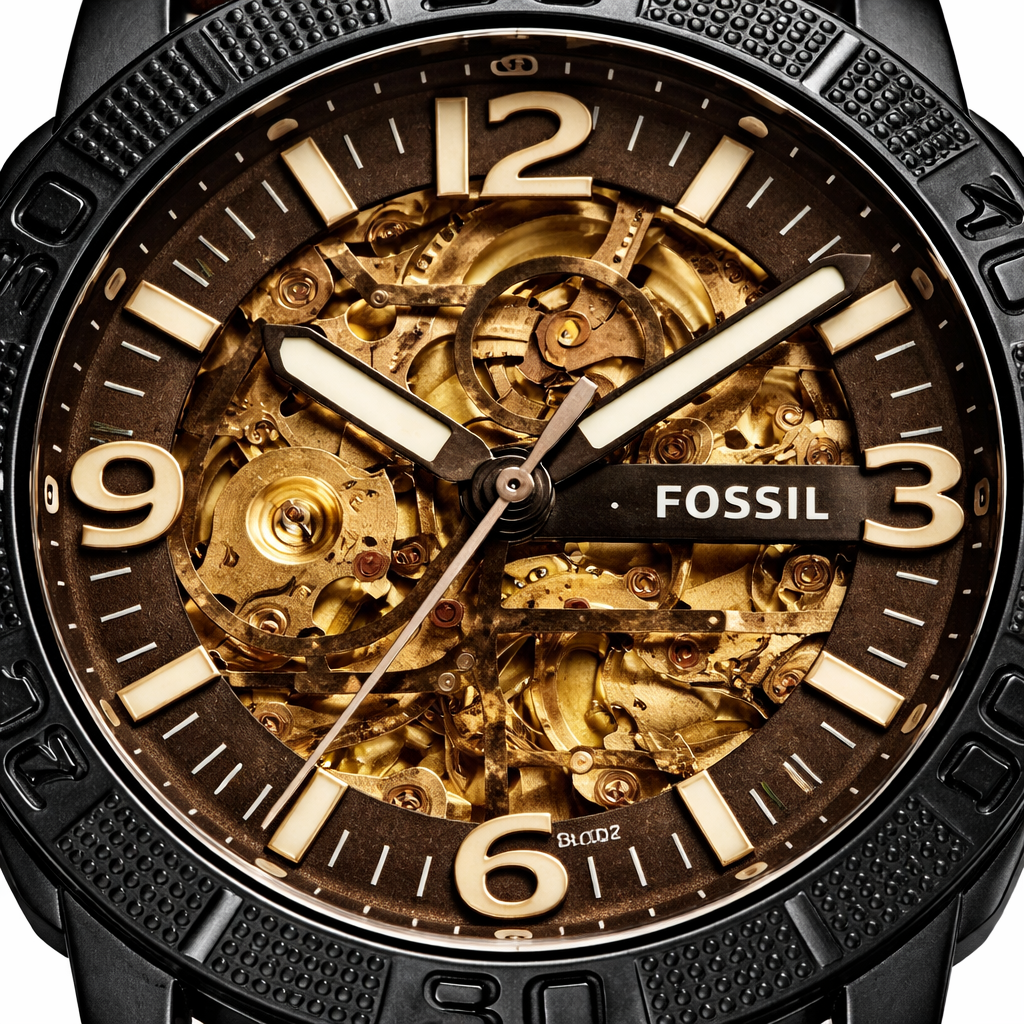 Fossil Automatic Skeleton Brown Dial Black Case Brown Leather Strap