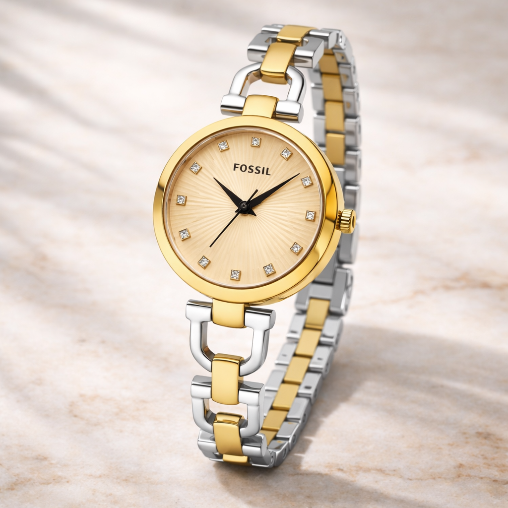 Fossil Elegant Crystal Dial Gold Case Two-Tone Bracelet