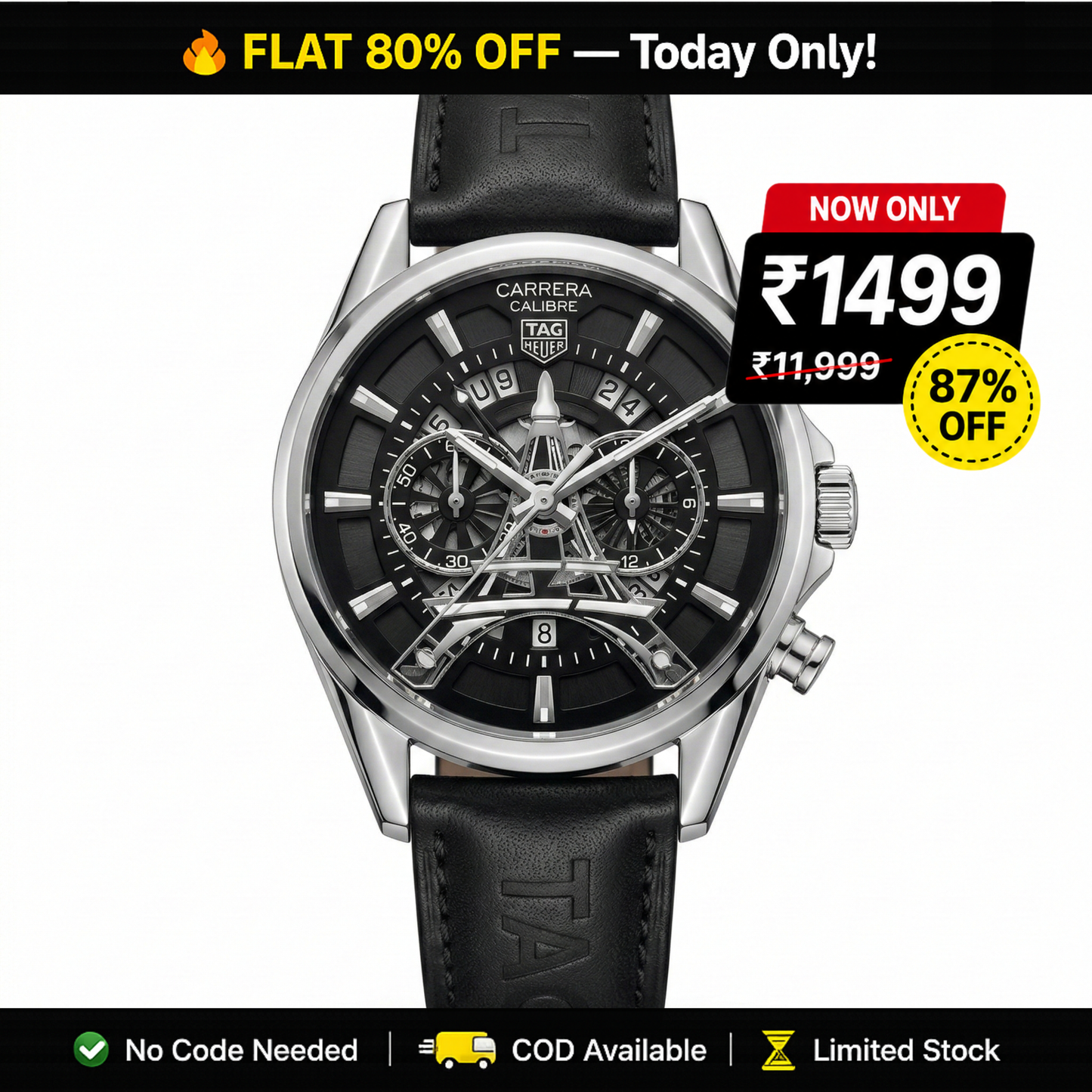 Tag Heuer Eiffel Tower Chronograph Silver Case Black Leather