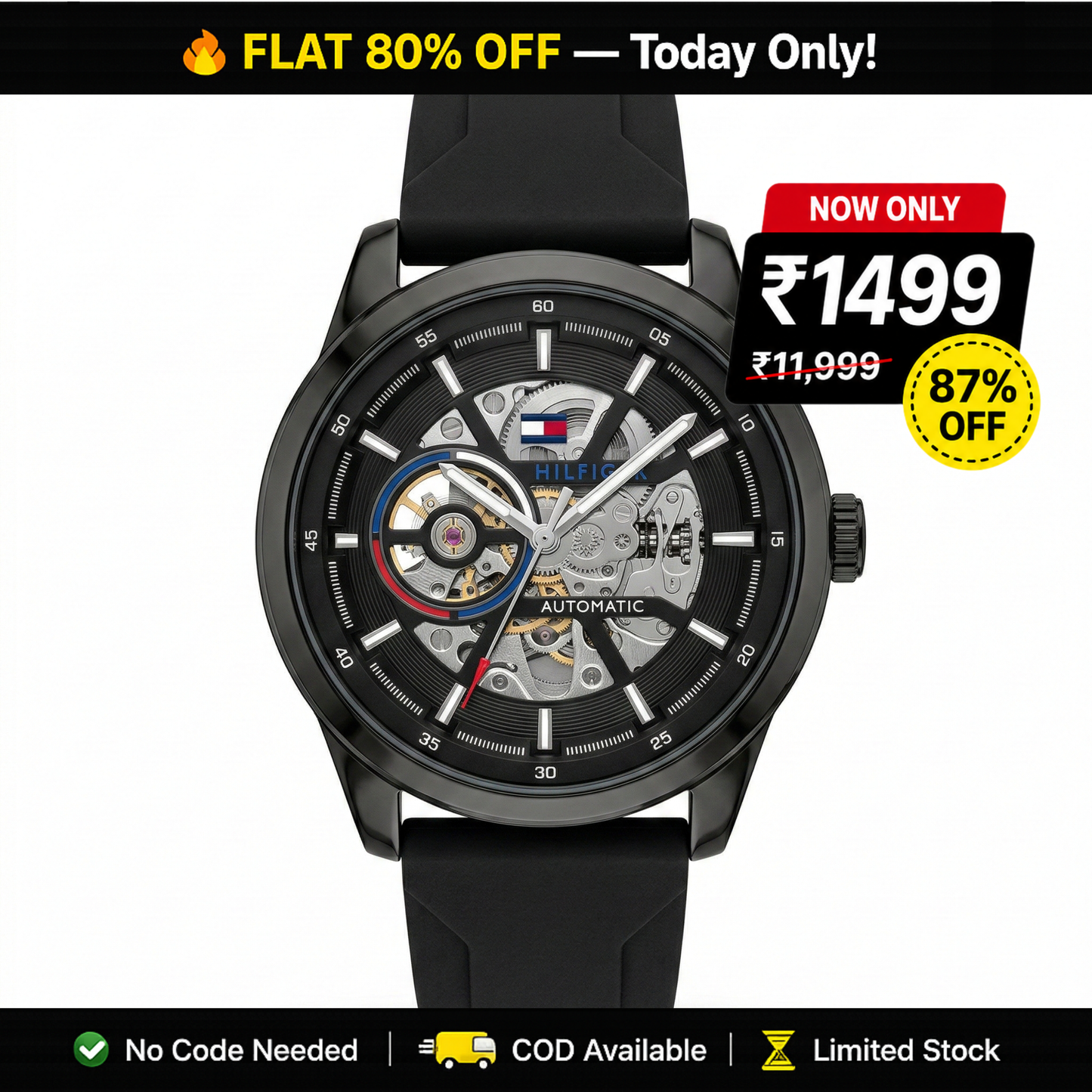 Tommy Hilfiger Automatic Skeleton Black Case Black Silicone Strap