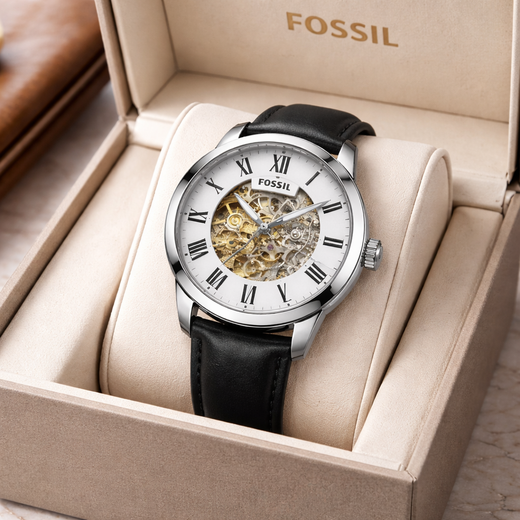 Fossil Skeleton Classic White Roman Dial – Black Leather Strap