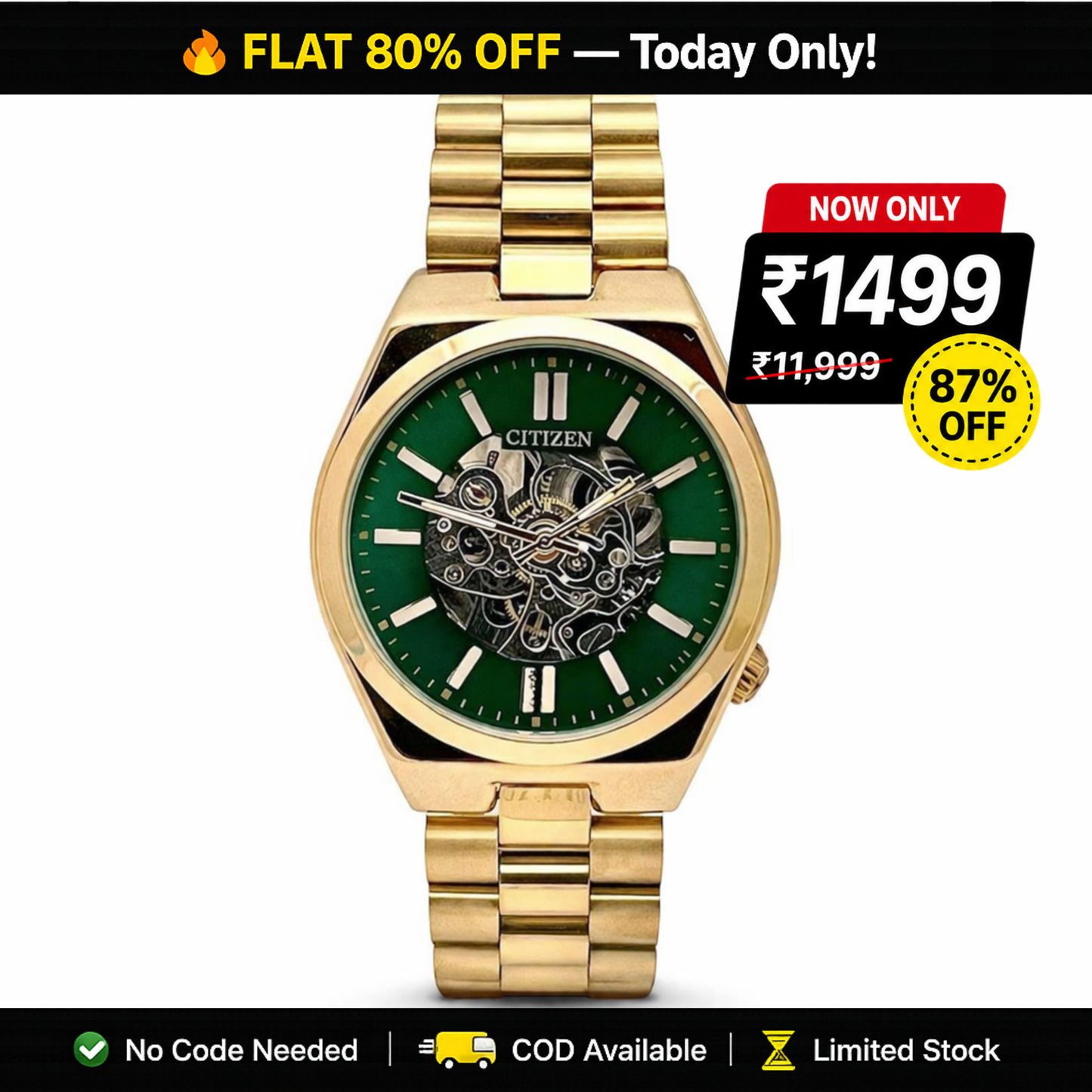 Citizen Open-Heart Automatic Gold Case Emerald Dial Steel Bracelet