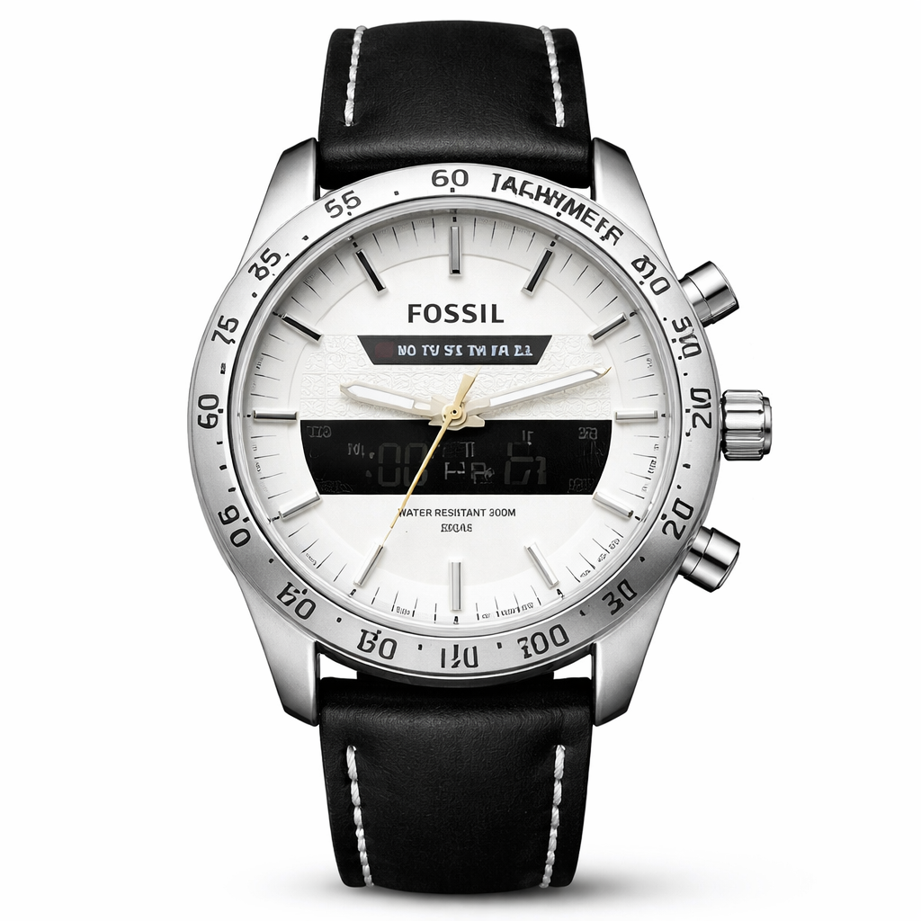 Fossil Hybrid Chronograph White Dial – Silver Case Black Leather Strap
