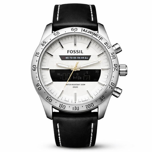 Fossil Hybrid Chronograph White Dial – Silver Case Black Leather Strap