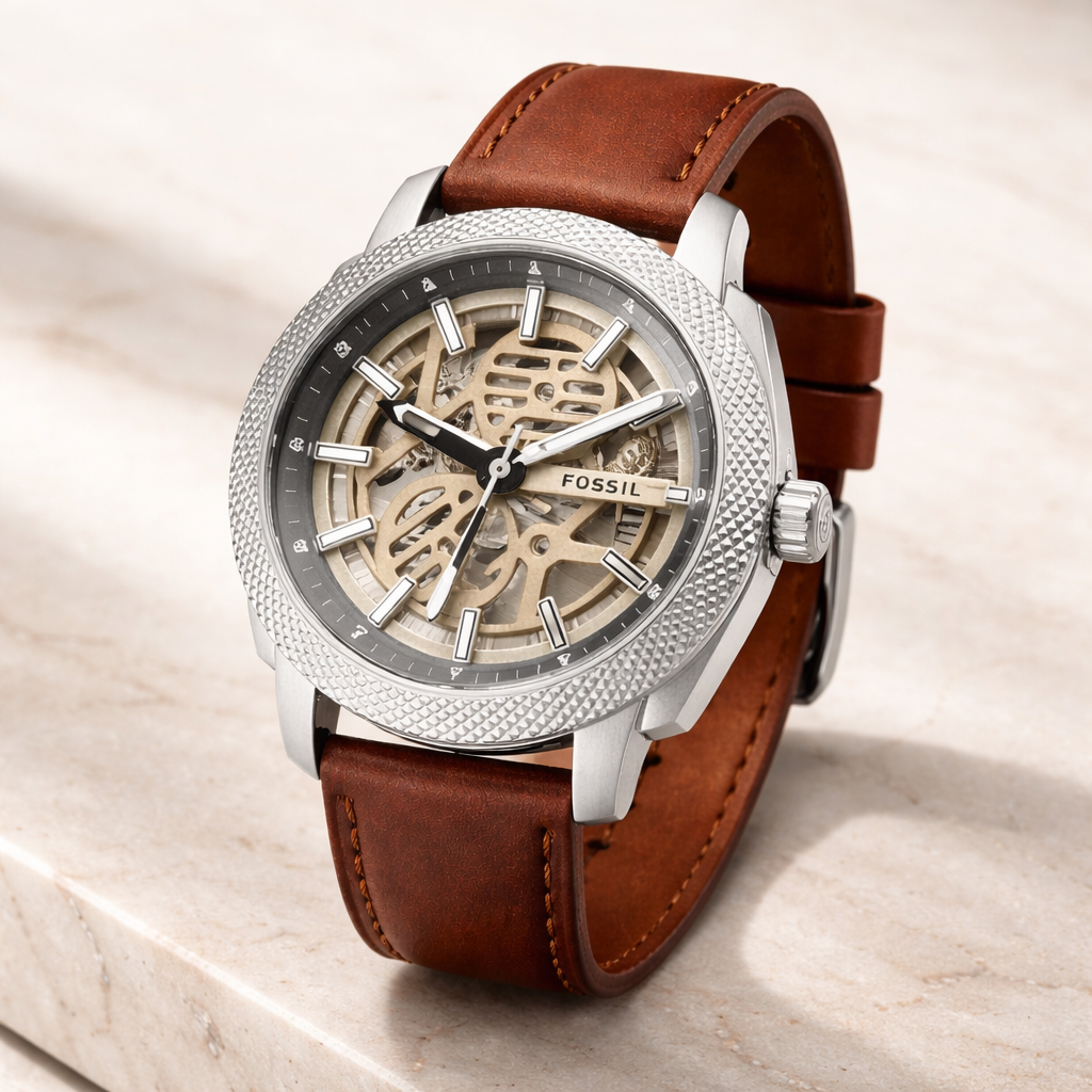 Fossil Automatic Skeleton Silver Case Brown Leather Strap
