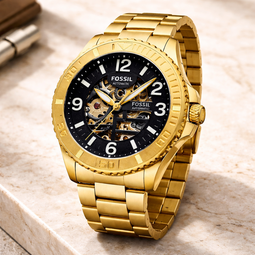 Fossil Automatic Skeleton Black Dial Gold Stainless Steel Bracelet