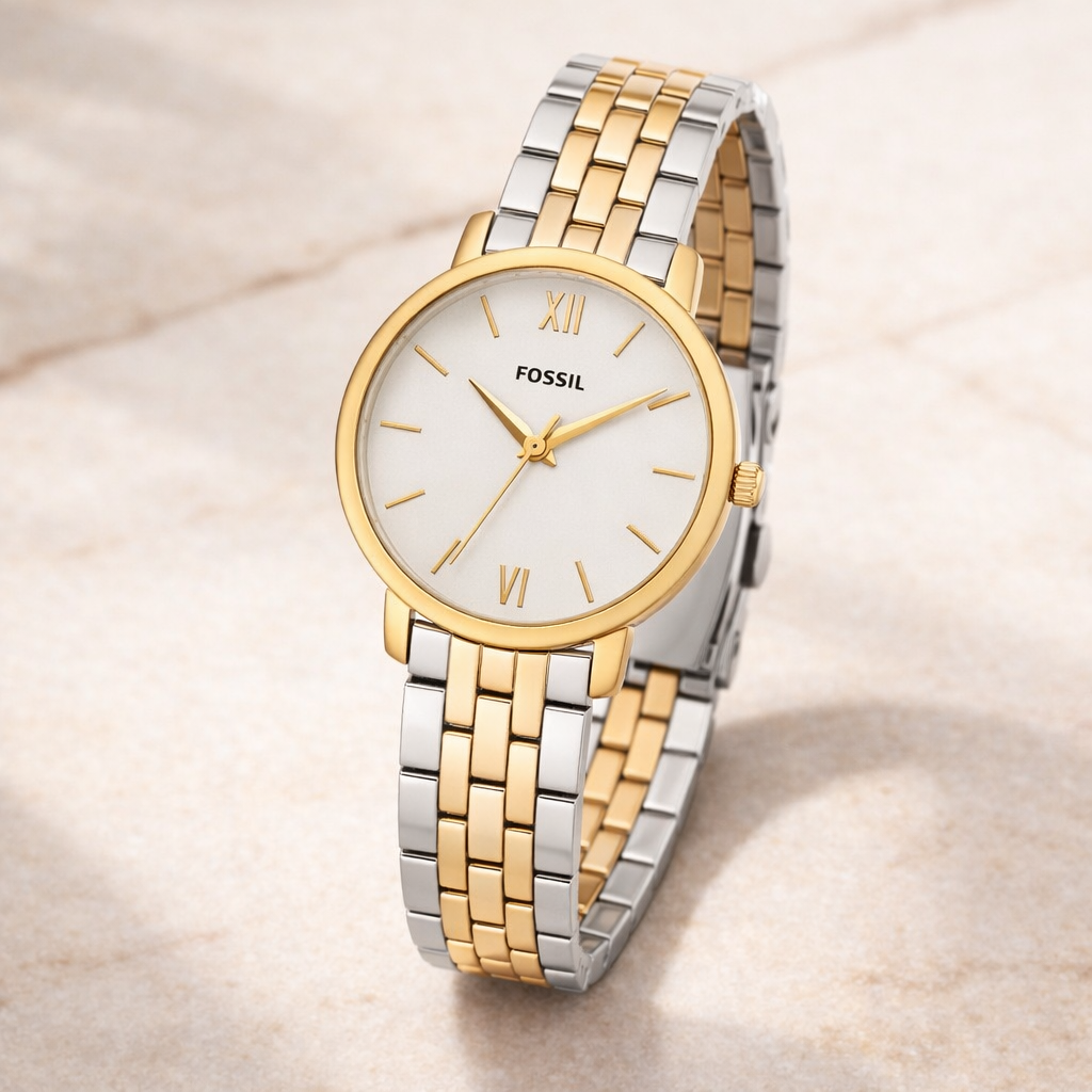 Fossil Classic Minimal White Dial Gold Case Two-Tone Bracelet