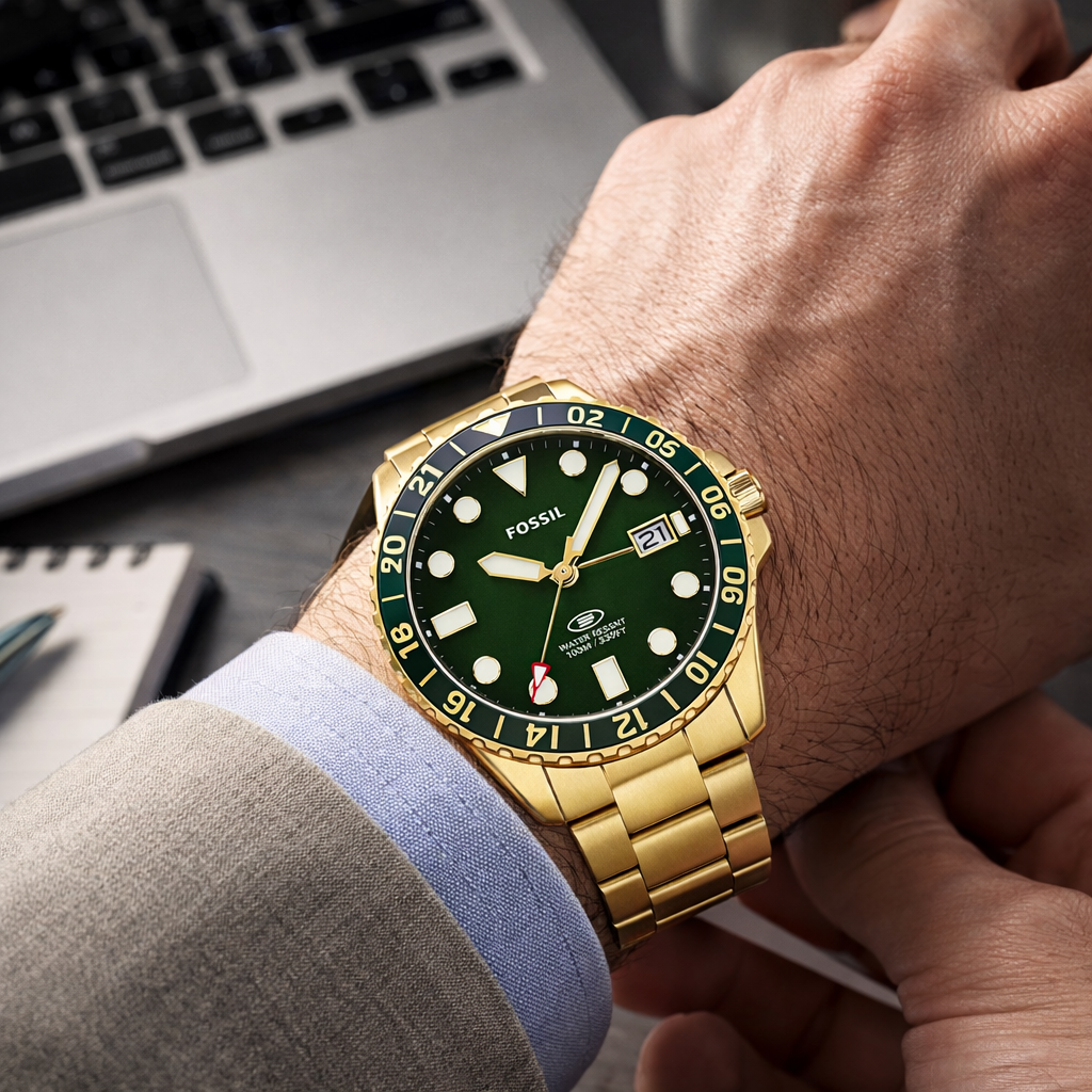 Fossil Diver Style Green Dial Gold Stainless Steel Bracelet
