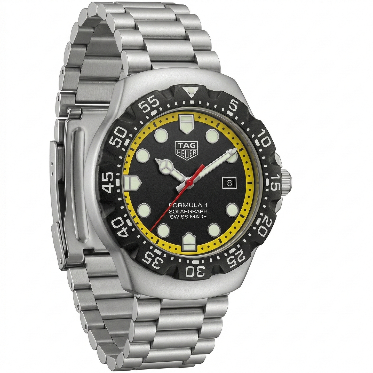 TAG Heuer Formula 1 Solargraph Black Dial Yellow Ring Stainless Steel Bracelet