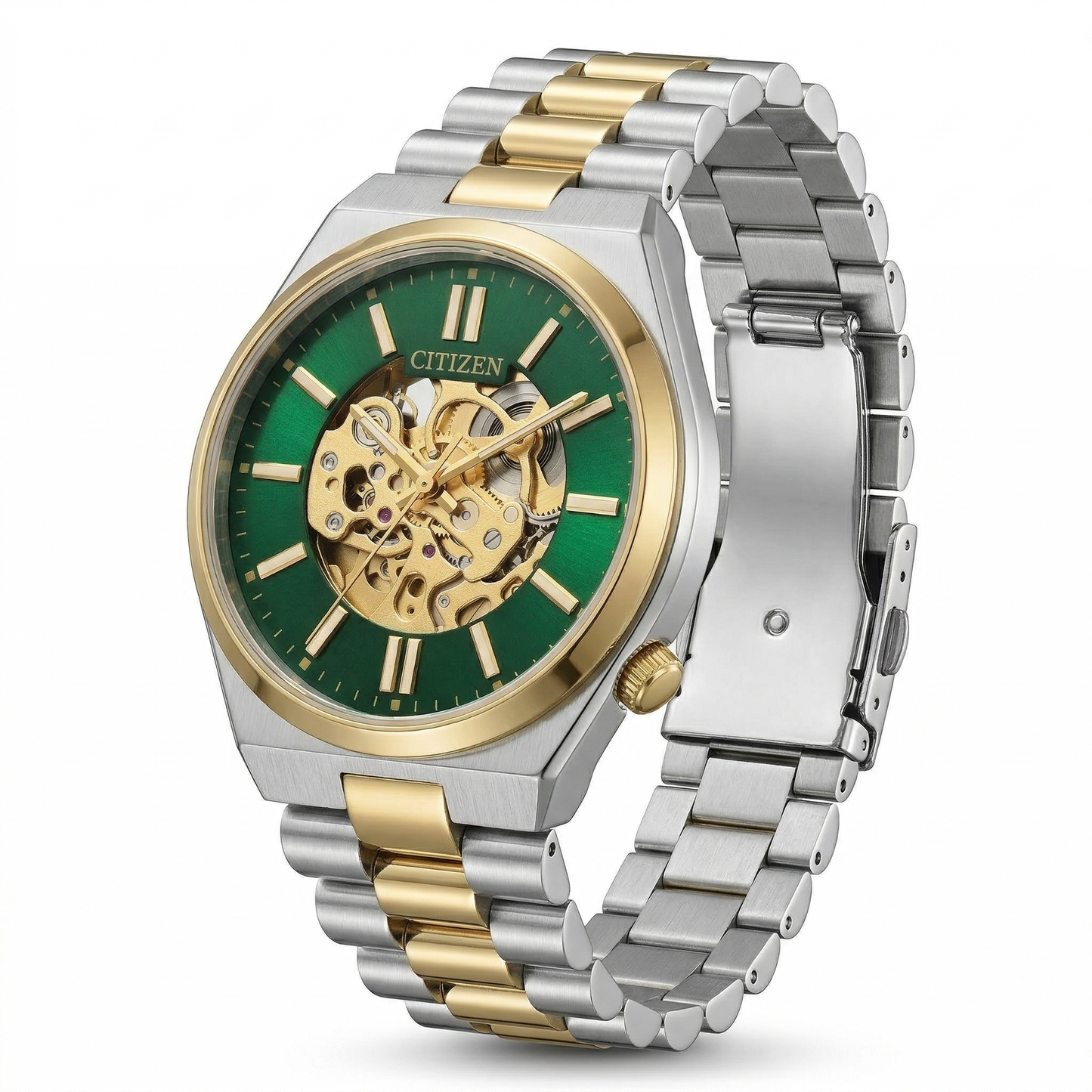 Citizen Automatic Skeleton Green Dial Gold-Tone Bezel Two-Tone Steel Bracelet Watch