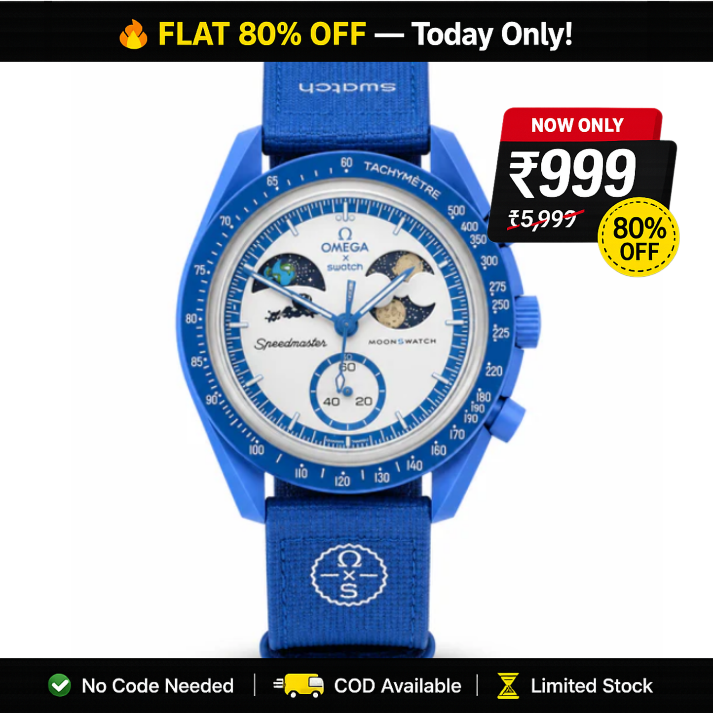 Omega x Swatch MoonSwatch Moonphase Blue Chronograph Nylon Strap Watch