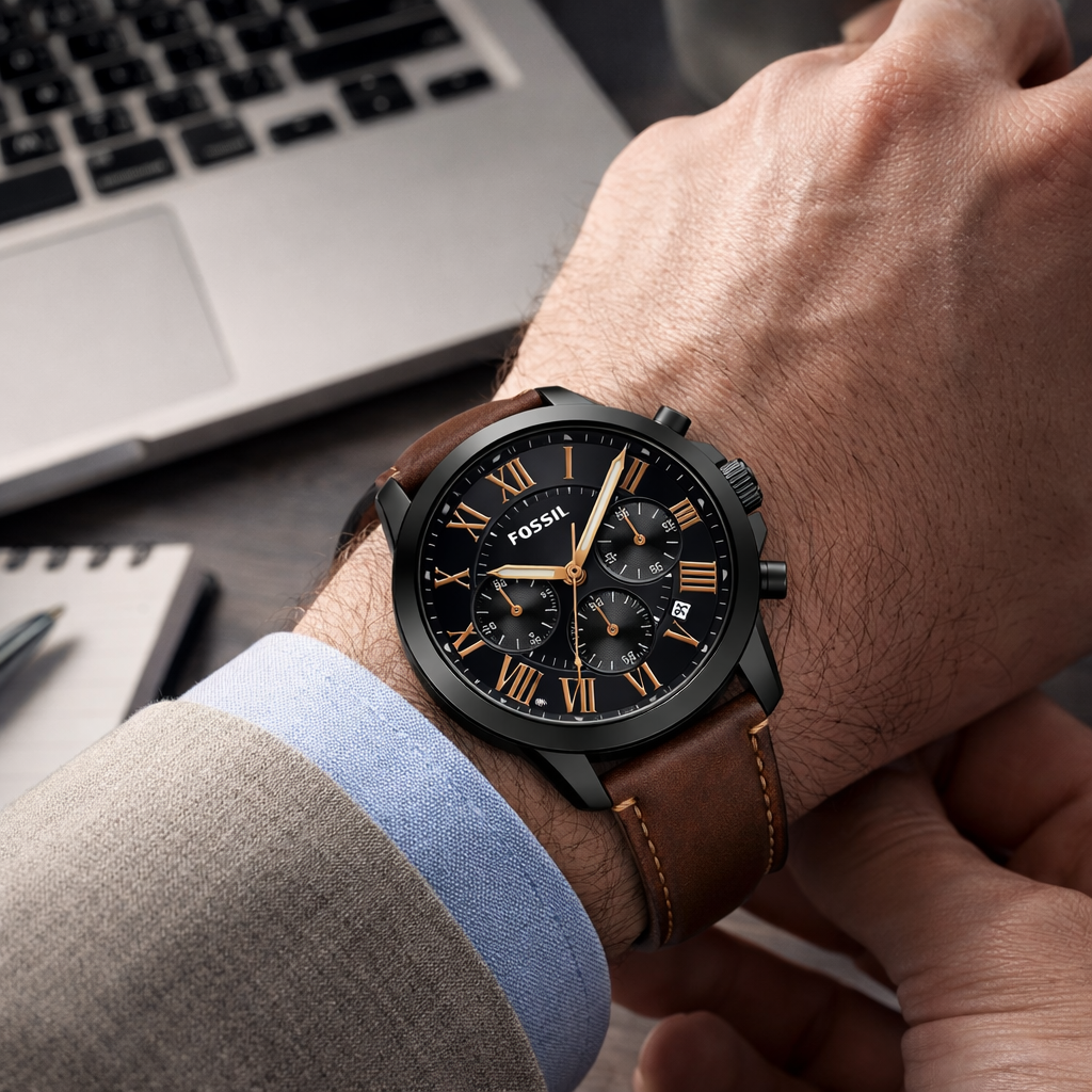 Fossil Chronograph Black Dial Black Case Brown Leather Strap