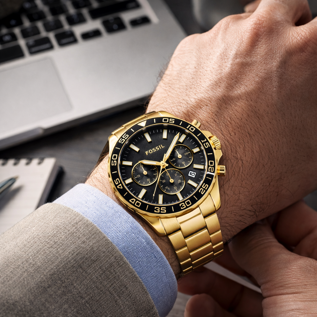 Fossil Chronograph Black Dial Gold Stainless Steel Bracelet