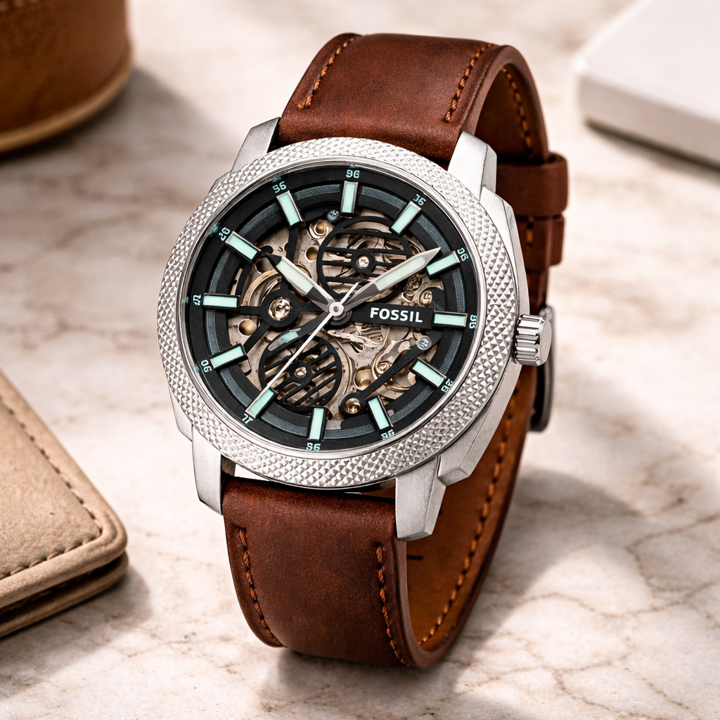 Fossil Automatic Skeleton Black Dial Silver Case Brown Leather Strap