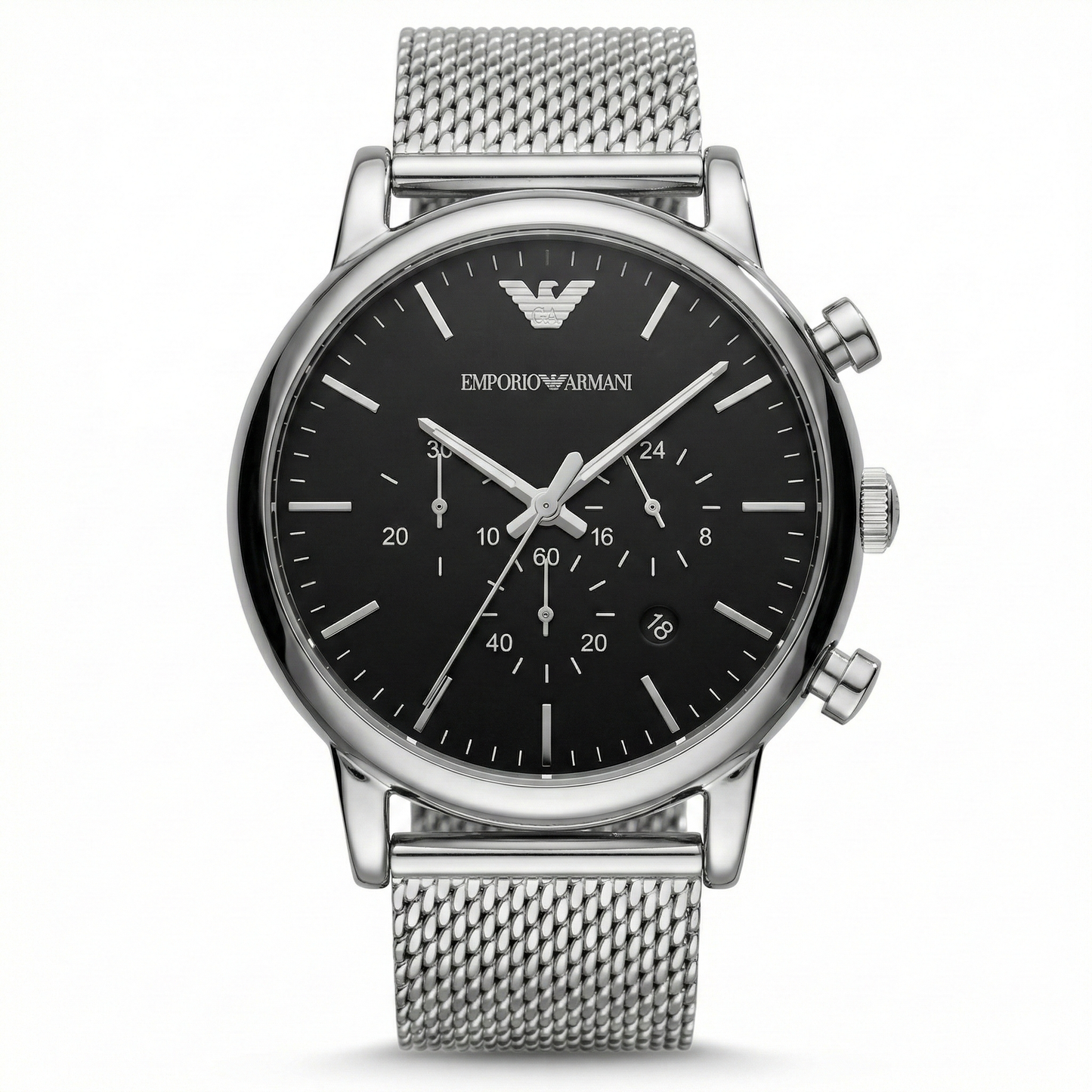 Emporio Armani Silver Mesh Chronograph – Black Dial