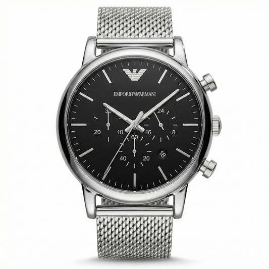 Emporio Armani Silver Mesh Chronograph – Black Dial