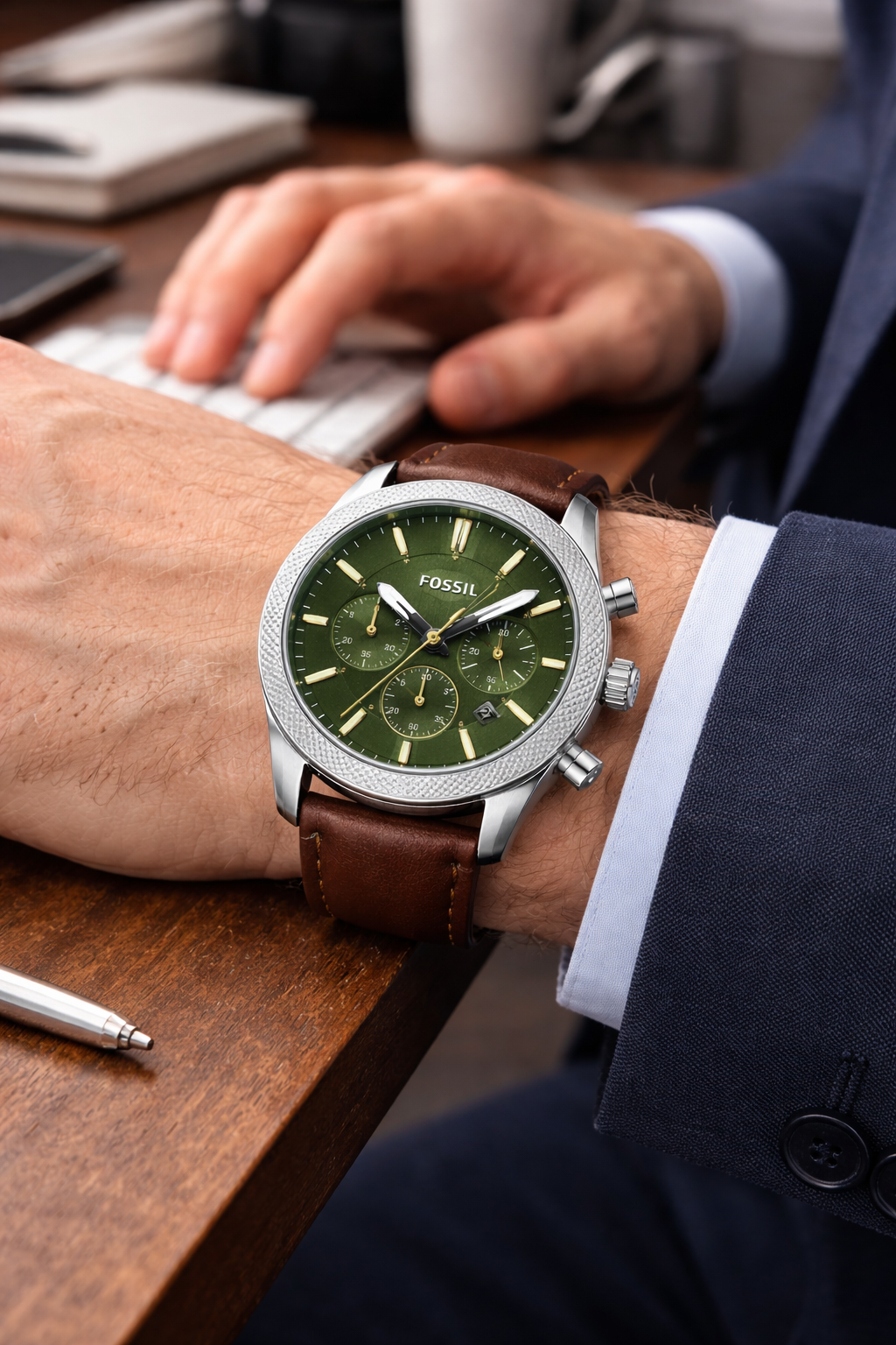 Fossil Chronograph Sport Green Dial – Silver Case Brown Leather Strap