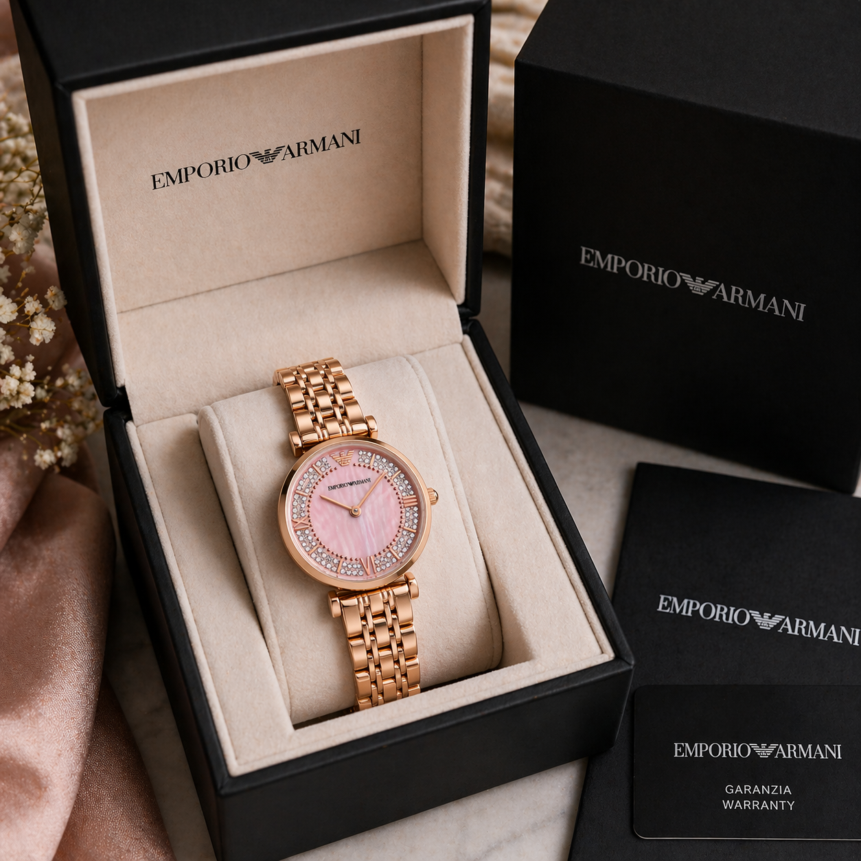 Emporio Armani Crystal Pink Dial Watch – Rose Gold Case Stainless Steel Bracelet