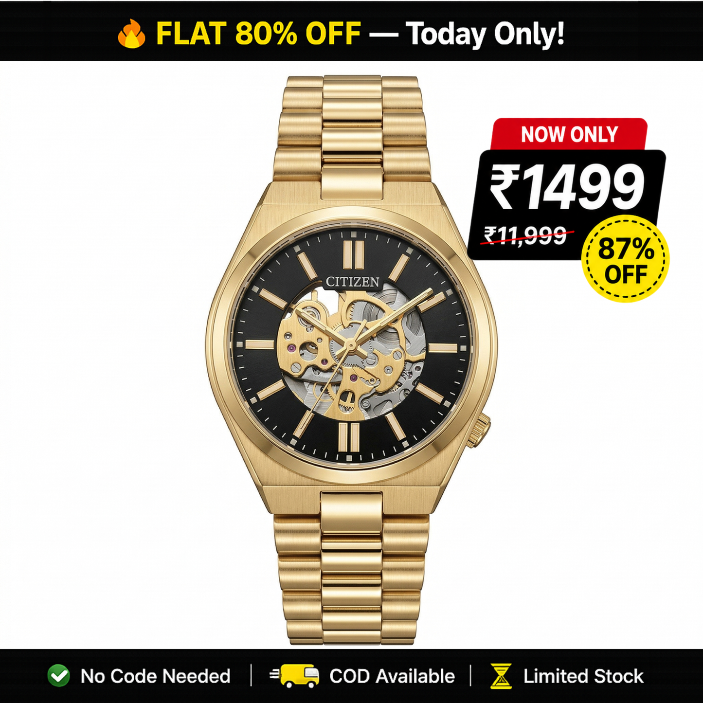 Citizen Open-Heart Automatic Gold Case Stainless Steel Bracelet