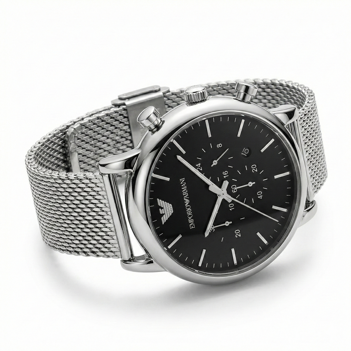 Emporio Armani Silver Mesh Chronograph – Black Dial