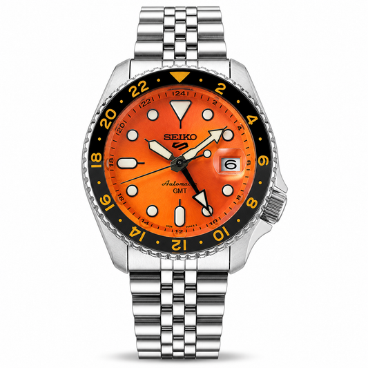Seiko 5 GMT Automatic Stainless Steel Orange Dial Jubilee Watch