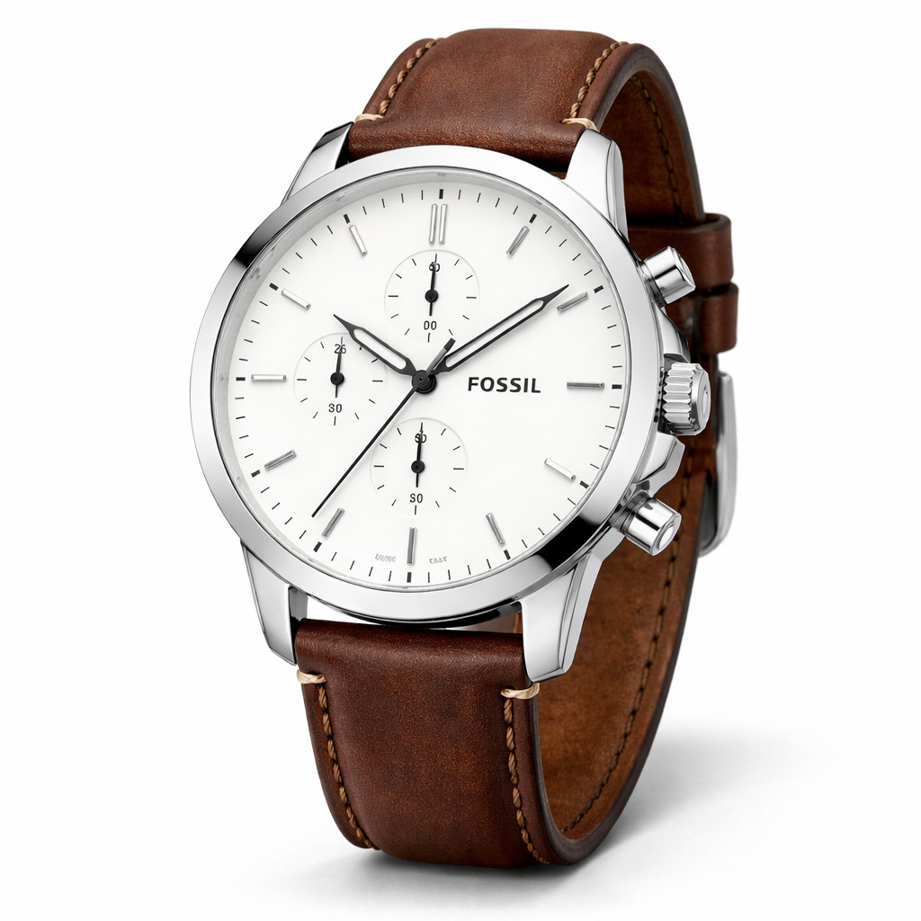 Fossil Chronograph White Dial Silver Case Brown Leather Strap
