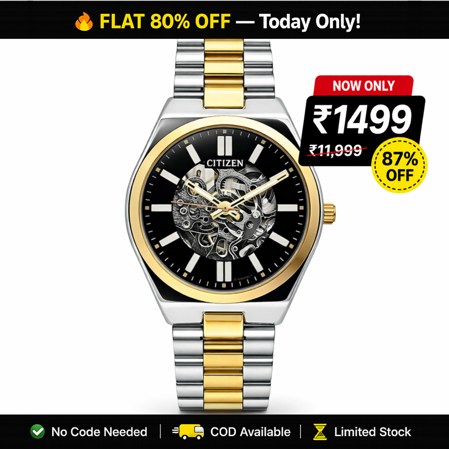 Citizen Skeleton Automatic Style Two-Tone Silver Gold Stainless Steel Bracelet Watch