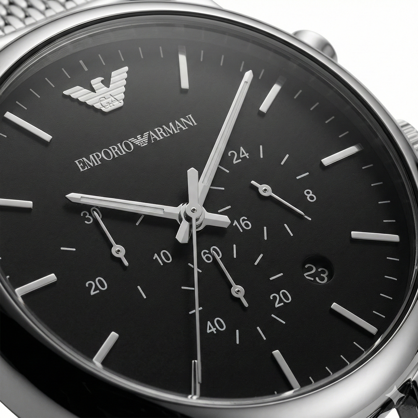 Emporio Armani Silver Mesh Chronograph – Black Dial