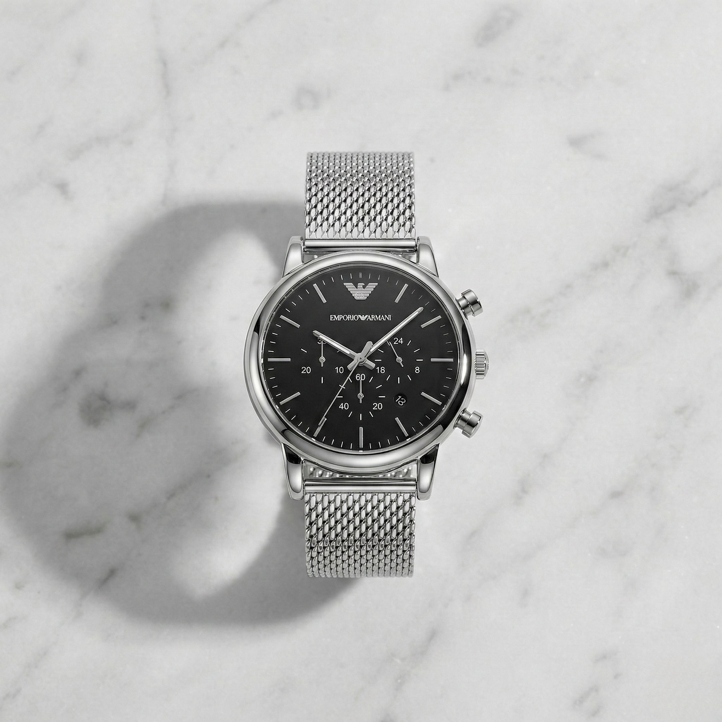 Emporio Armani Silver Mesh Chronograph – Black Dial