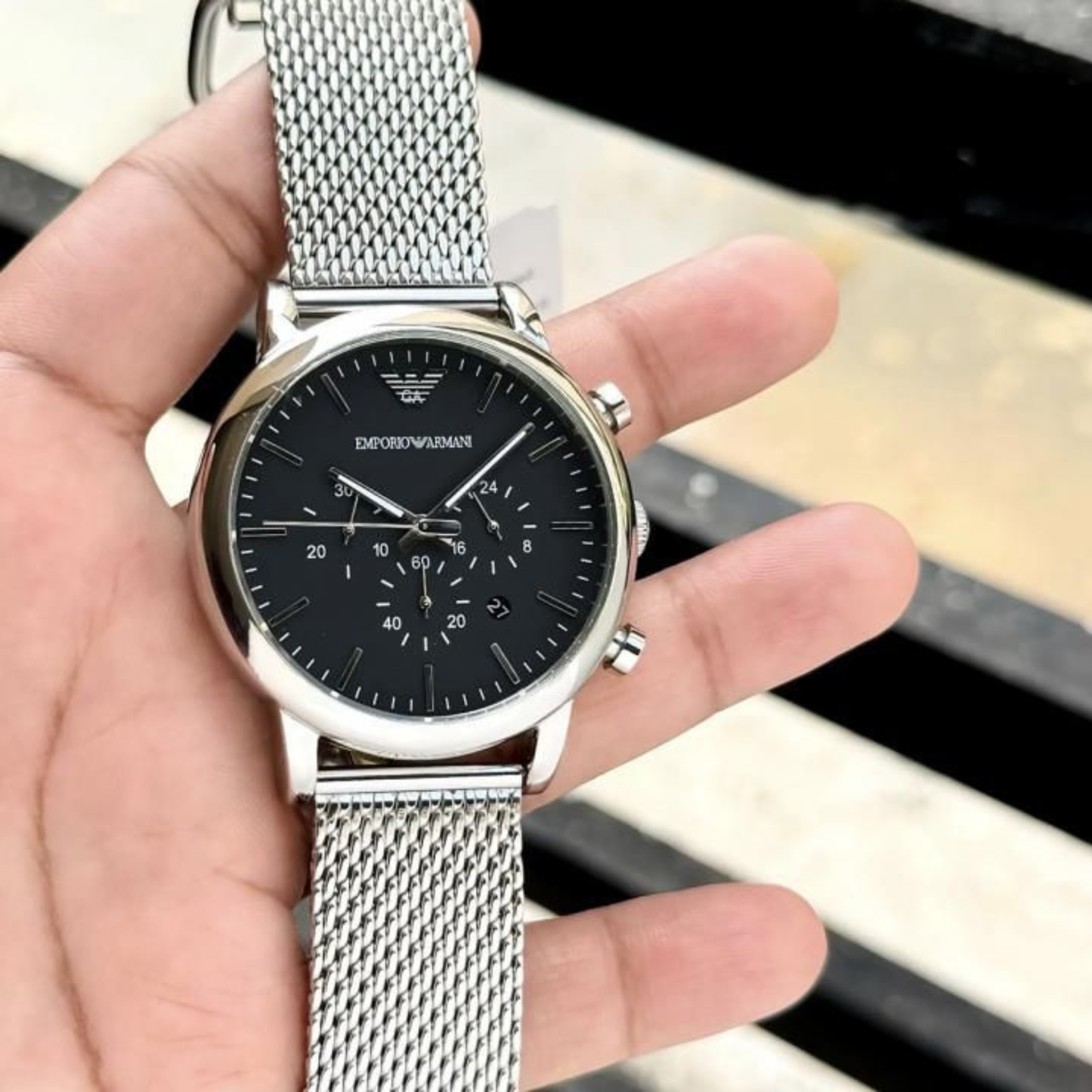 Emporio Armani Silver Mesh Chronograph – Black Dial