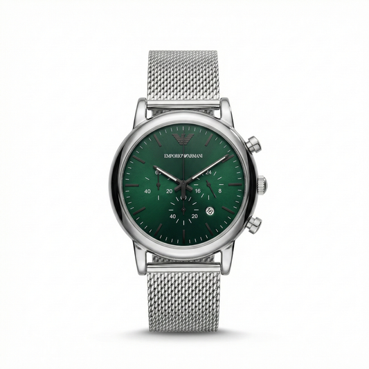 Emporio Armani Silver Mesh Chronograph – Emerald Green Dial