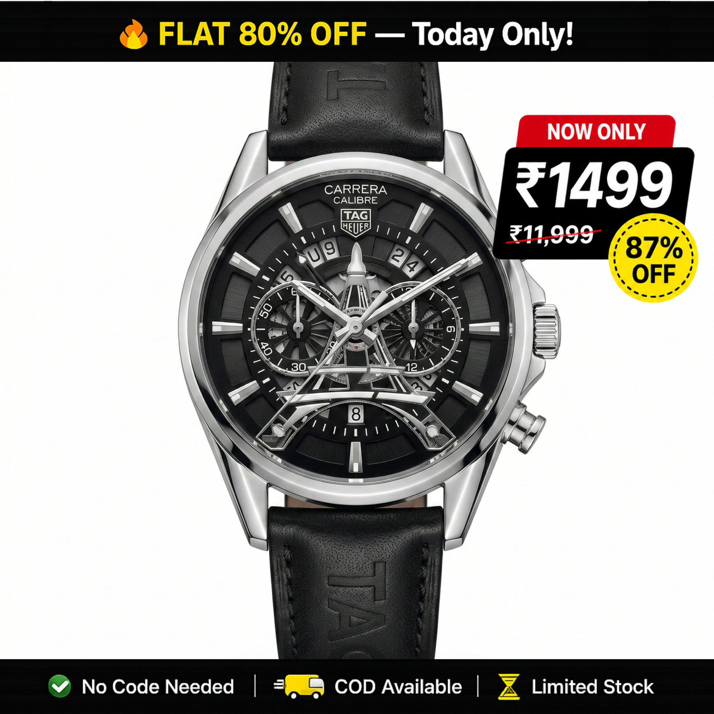TAG Heuer Carrera Chronograph Silver Case Black Leather Strap Watch